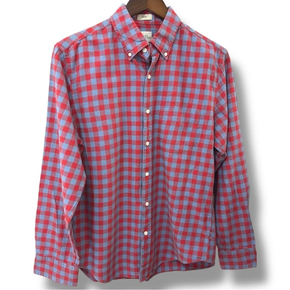 J. Crew | NWOT Cotton Linen Slim Red & Light Blue Gingham Button-Down Shirt (M)